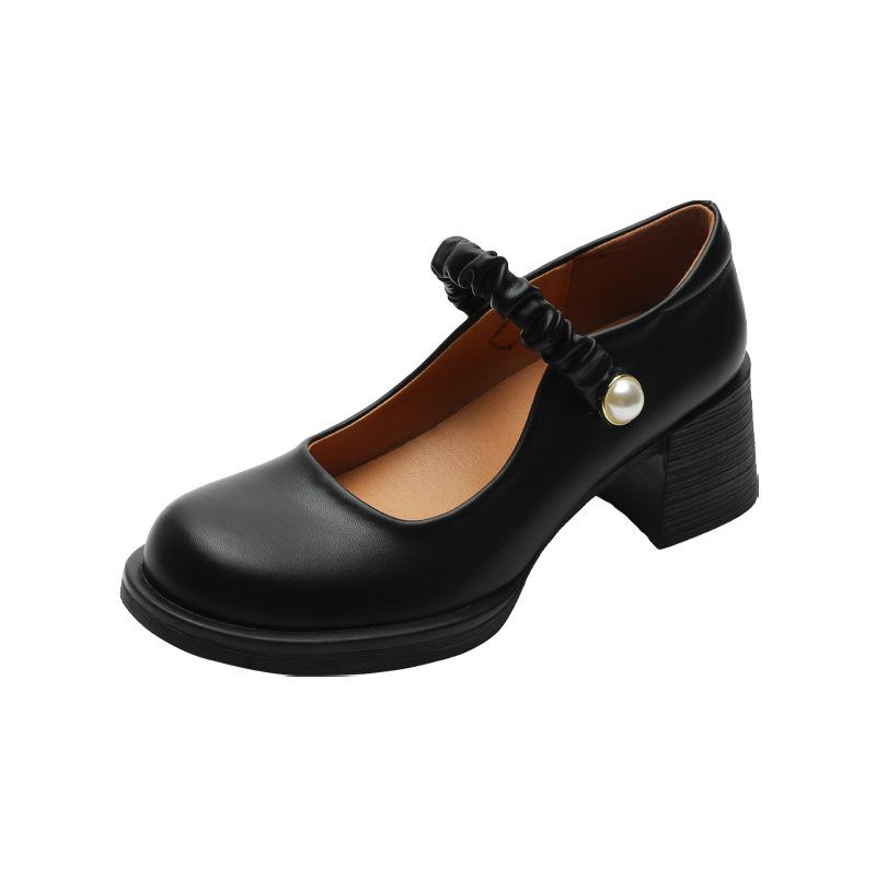 Mary Jane high heels women's 2025 early spring new light mouth pearl word with thick heel single shoes black small leather shoes