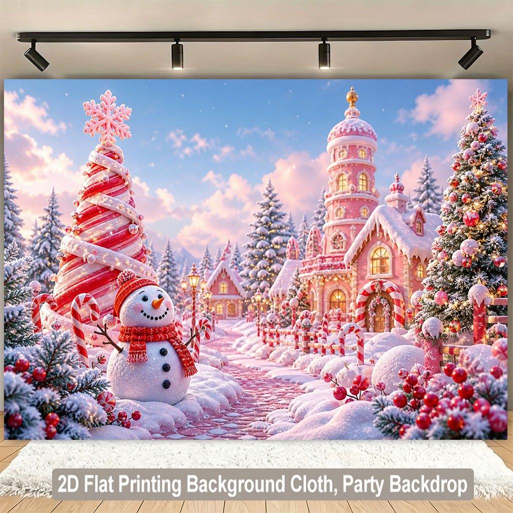 1 piece of 2D flat background fabric, snowman scarf, candy house, Christmas tree polyester background fabric bannerZL