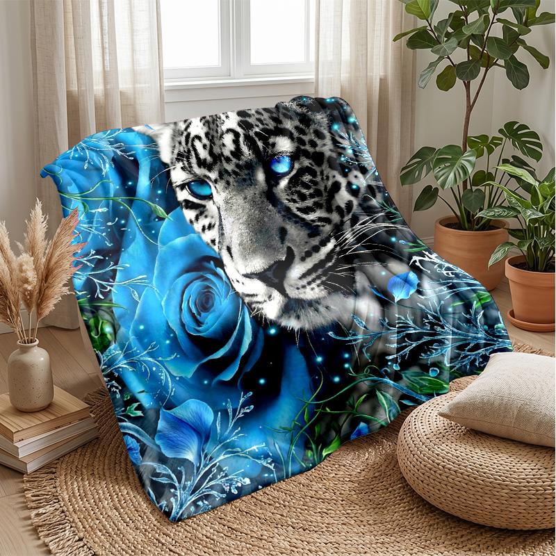 Blue Leopard and Roses blanket Personalized Name Flannel Blanket Soft Cozy Plush Throw for Sofa Bed Lightweight Home Decor