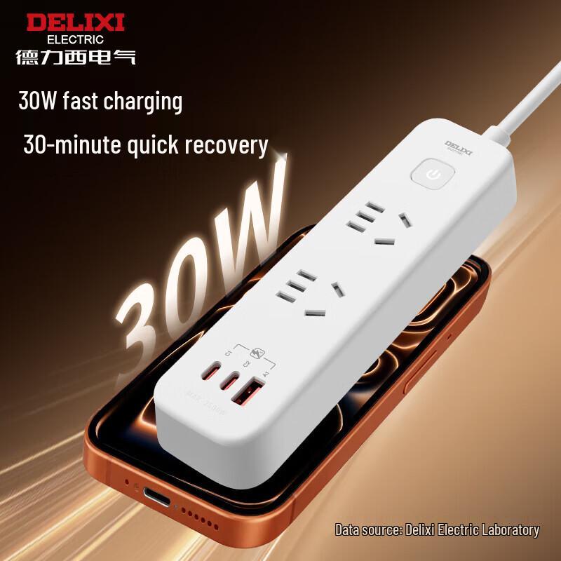 DELIXI ELECTRIC 30W Fast Charging Power Strip with USB-A & USB-C