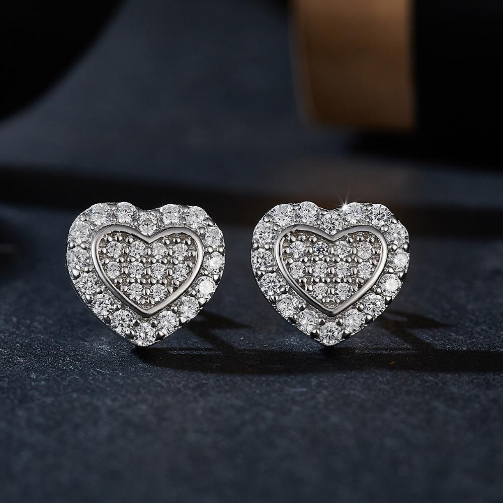 Сердце Настоящий Муассанит Женские Серьги-пусеты 14K Покрытие белым золотом