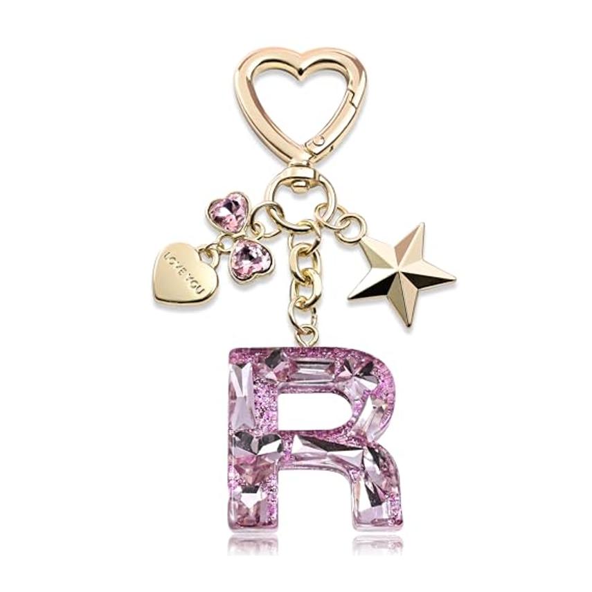 Bling Keychain with Initial Letter Butterfly Star Pink Purple - Cute Gift for Women And Girls Bag Cup Charms Fashion Accessory