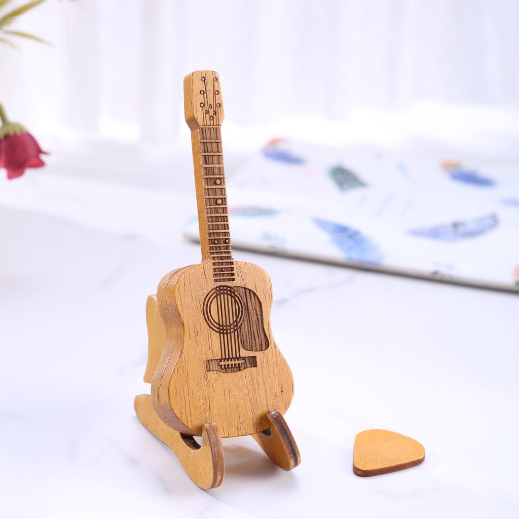 Guitar Shape Wooden Pick Box Lightweight Pick Box Storage Cases with Guitar Pick Stand Musical Instrument Accessory