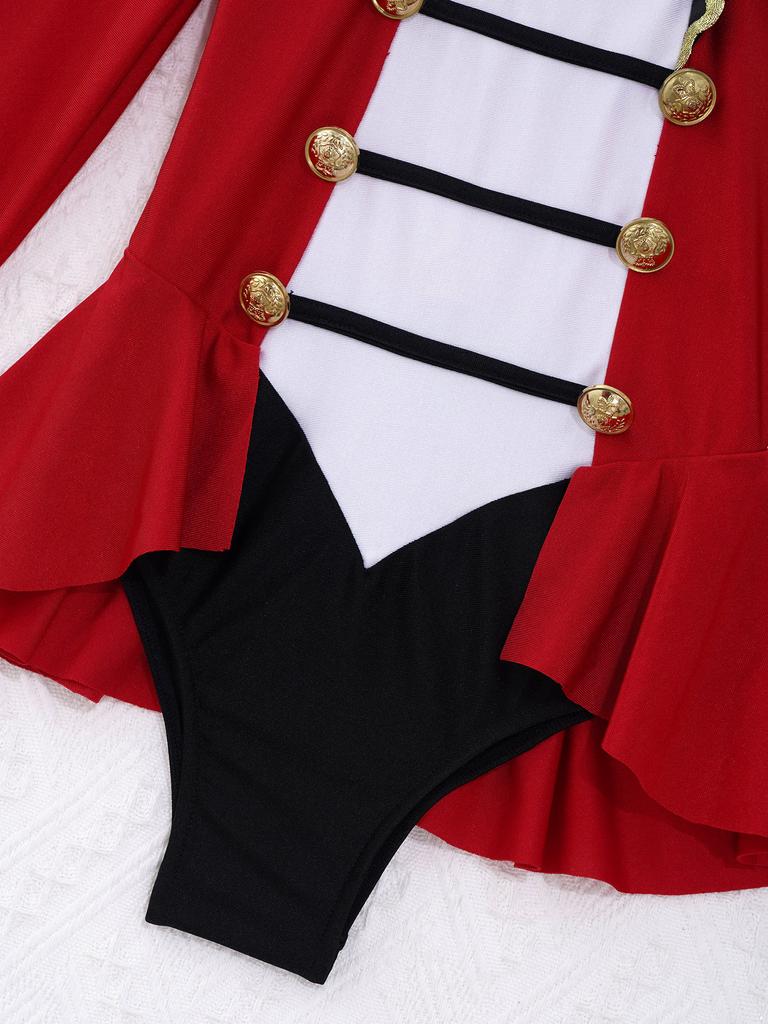 Kids Girls Circus Costume Long Sleeves Color Contrast Patchwork Tassel Buttons Adorned Cosplay Jumpsuit with Tie