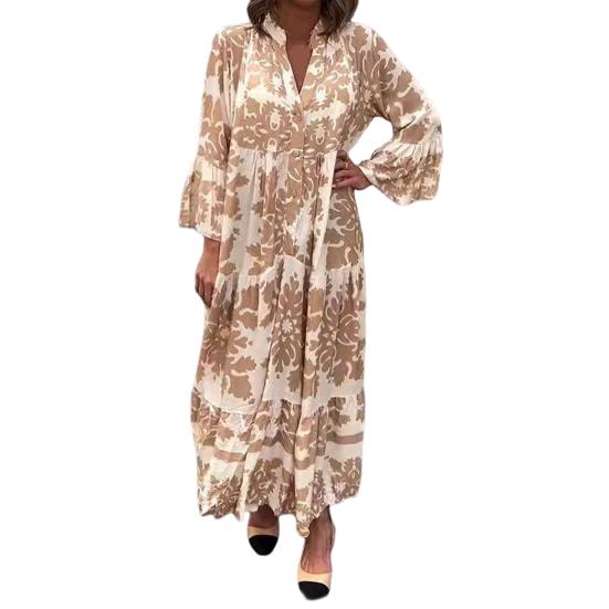 Women Maxi Dress V Neck Floral Printed Pleated Ruffle Patchwork Hem Loow Waist Horn Sleeves Single-breasted Daily Commuting Long Dress