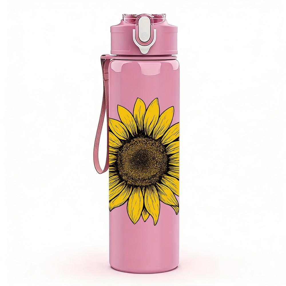 1PC Yellow Sunflower Bloom 750ml Color Plastic Sports Water Bottle Leakproof Flip Straw Lid Suitable for Sports Office Home Use