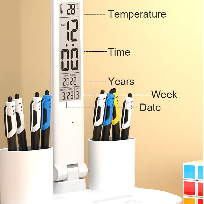 LED Stol Chirog'i USB Dimmerlanadigan Sensorli Buklanadigan Stol Chirog'i Kalendar, Harorat Soati, Kechki Chiroq bilan O'qish uchun O'qish Chirog'i