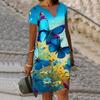 Summer Fashion V-neck Dress Ladies Short Sleeve Evening Butterfly Printed Dress Loose Casual Dress for Women