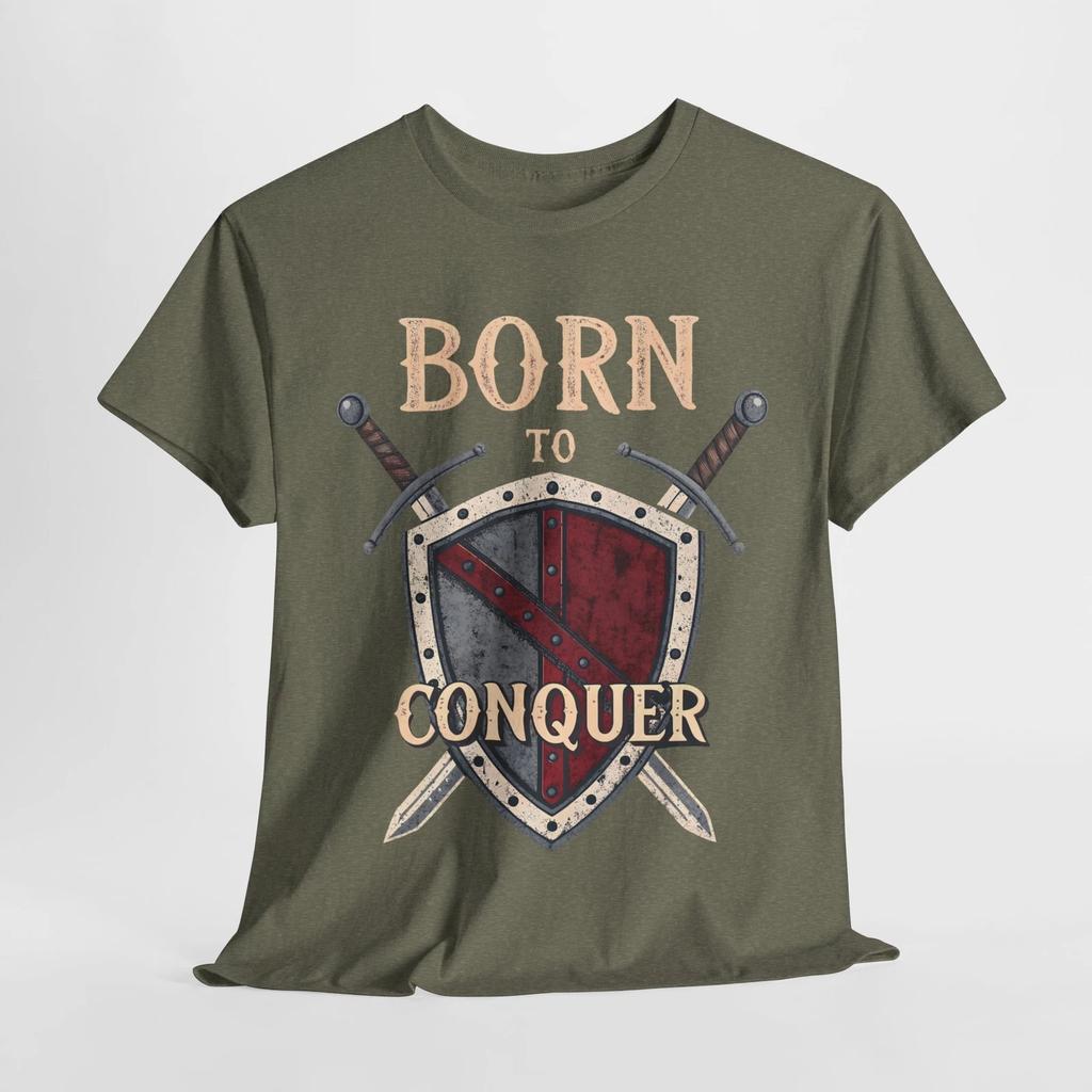 Born To Conquer RPG Tee – Epic Shield & Swords Design for Fantasy Gamers