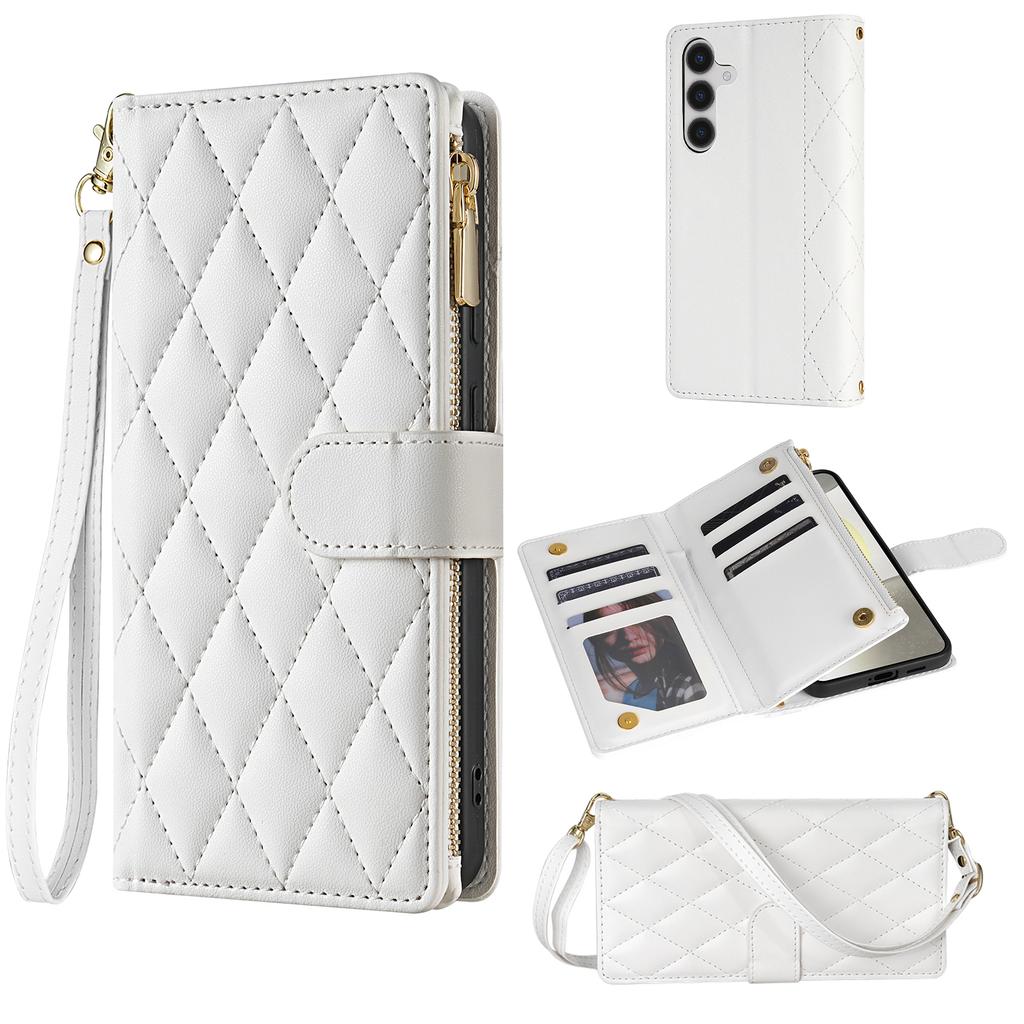 For Samsung Galaxy S26+ Case Rhombus Stitching Leather Wallet Phone Cover with Long  /  Short Strap