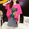 Loose Foreign Style Women Bear Patch Medium Long Tshirt Rose Green Letter Tops Appliques Fairy Tale