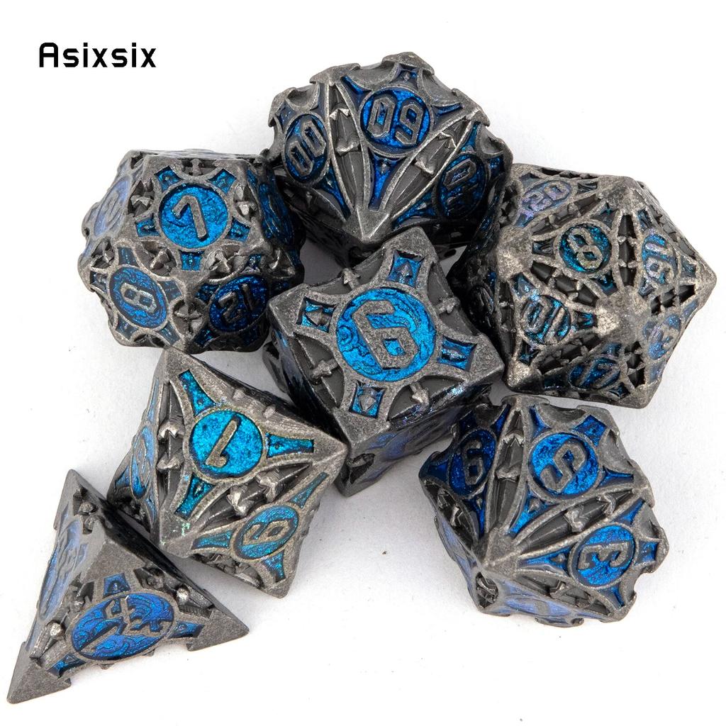 7 шт. черные, синие металлические кубики, набор твердых металлических многогранных кубиков, подходящий для ролевой ролевой игры, настольной игры, карточной игры