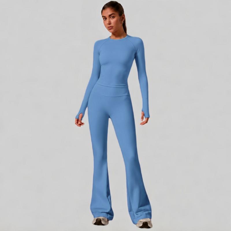 Womens High-Waisted Yoga Set With Butt-Lifting Effect 3-Section Waist Design Long Sleeve Top Flared Leggings 90% Nylon 10%