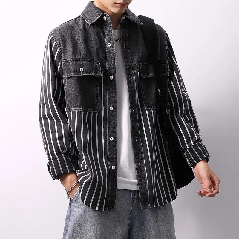 Весна Осень Мужская Мода Джинсовые Рубашки Мужские С Длинным Рукавом Повседневная Хлопковая Рубашка Мужские Полосатые Уличные Топы Отложной Воротник Блузка