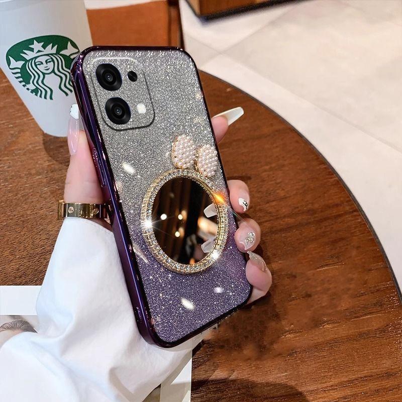 For OPPO A6 Pro Case with Bow Makeup Mirror Luxury Shiny Gradient Clear Plating Glitter Girls Slim for OPPO A6 Pro Back Cover