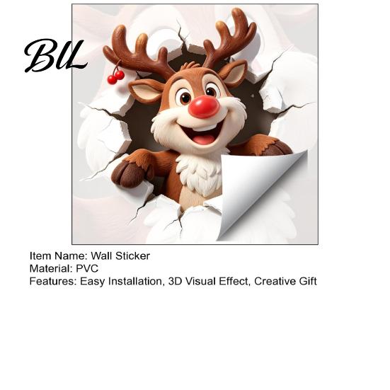 Durable PVC Wall Stickers Christmas Reindeer Decal, 3D Hole Illusion Red Nose Rudolph Sticker, Seasonal Window Decorations Peel And Stick Waterproof