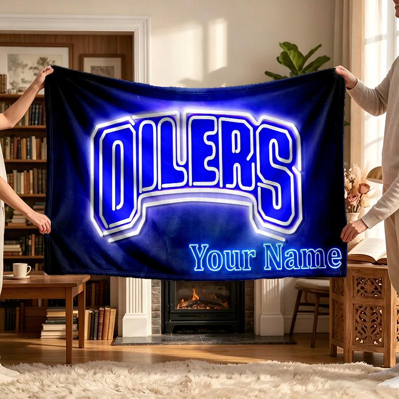 Edmonton Oilers (1) Personalized Name Blanket Soft Cozy Gift for Sofa Bed Couch Home Decoration
