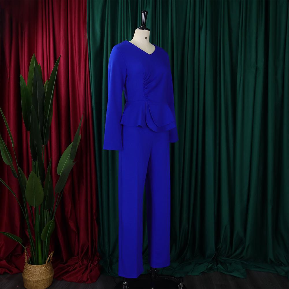 YYFS Женская мода повседневная весна осень однотонные принты длинные рукава V-образный вырез блузки и рубашки брюки костюмы