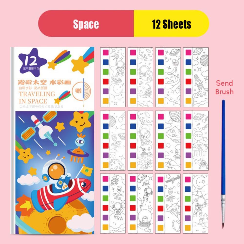With Painting Brush Watercolor Coloring Book 12 Pages Mini Paint Pad Children