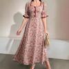 Women's Summer French Dress Floral Waist Dress with Puffy Sleeves