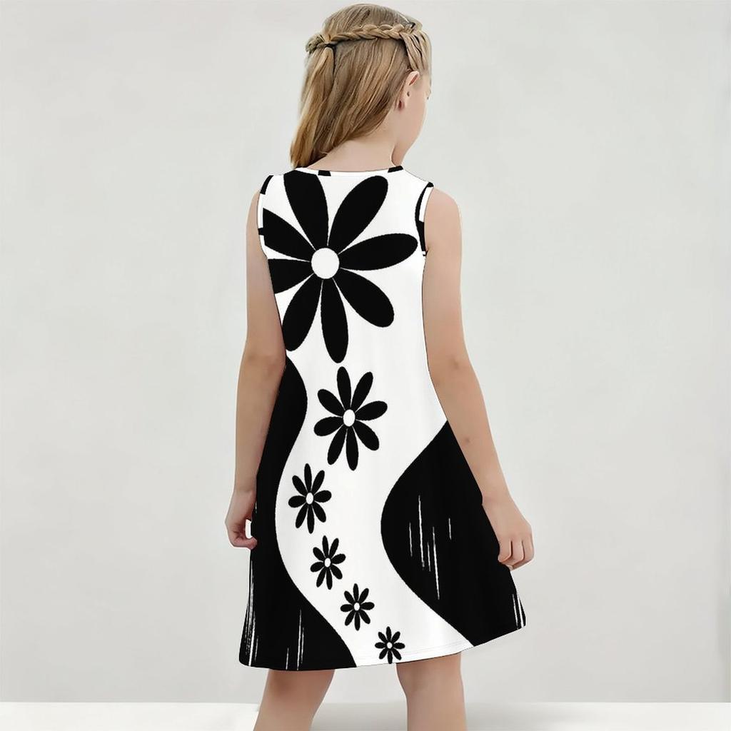 Girls Round Neck Sleeveless Black White Swirl Printed A Line Flared Hem Dress