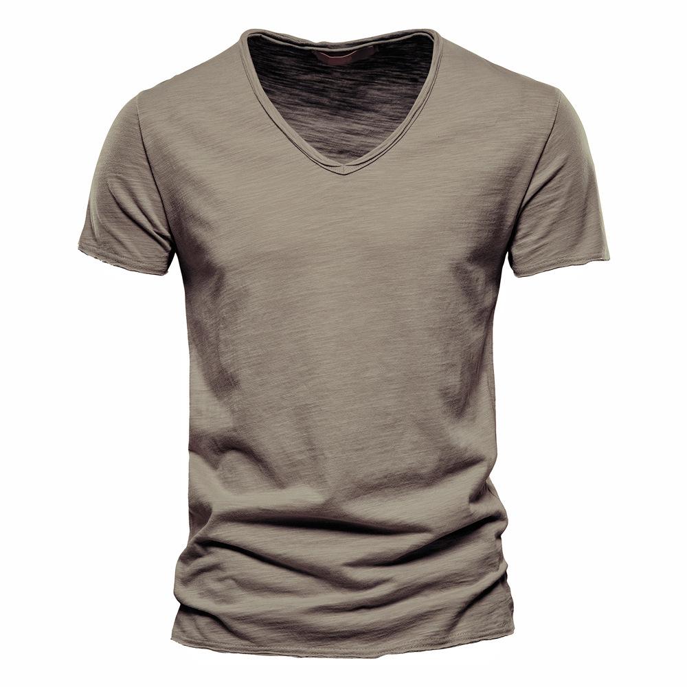 Men's New Solid Color V-neck Short Sleeved T-shirt Made of Pure Cotton