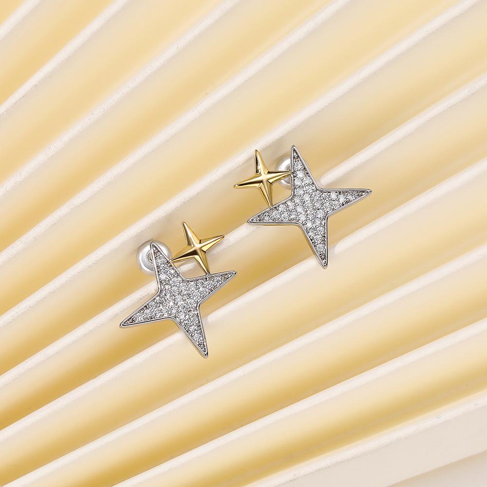 Temperament Super Shining Star Stud Серьги гвоздики для женщин, изысканные и маленькие звездчатые циркониевые двухцветные серьги