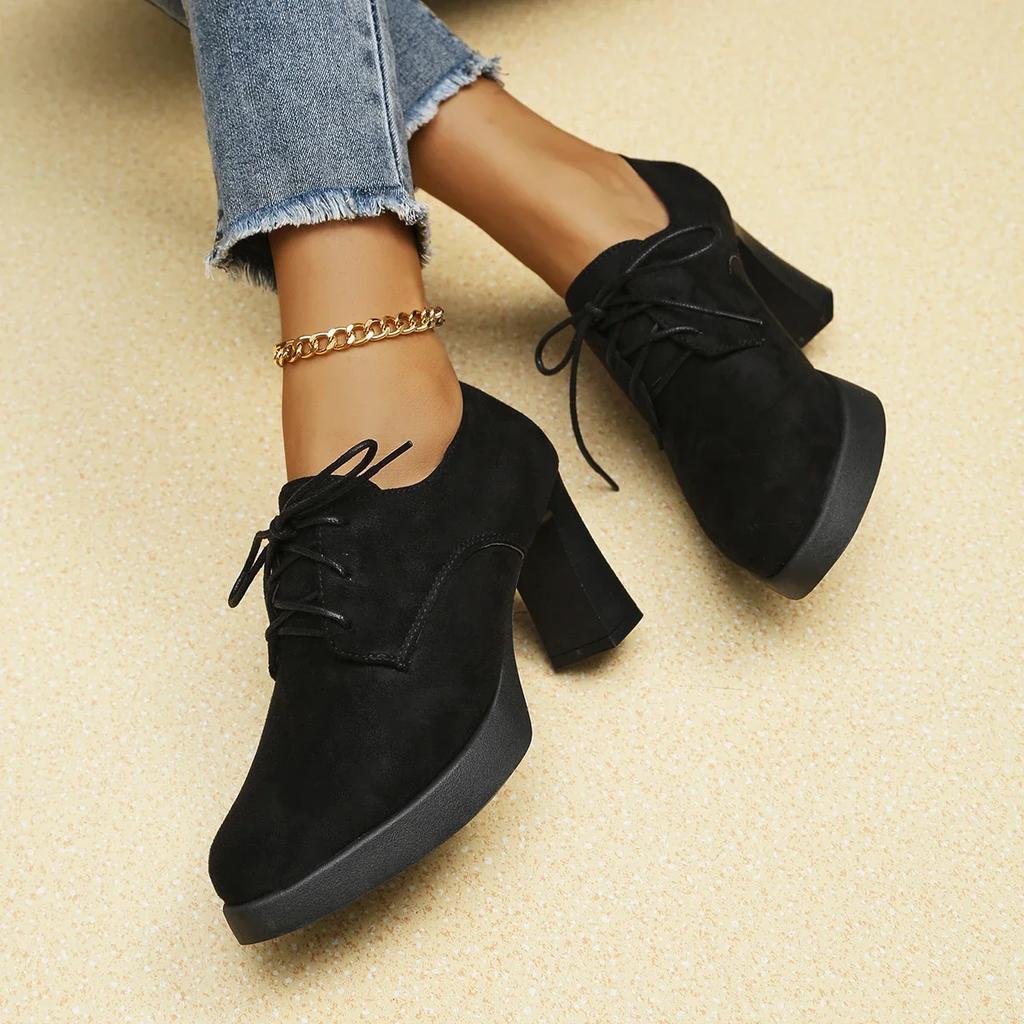 Мода 2024 года, новые черные туфли из кожи, замшевые женские туфли на толстом каблуке, повседневные туфли на высоком каблуке на весну и осень со шнуровкой спереди