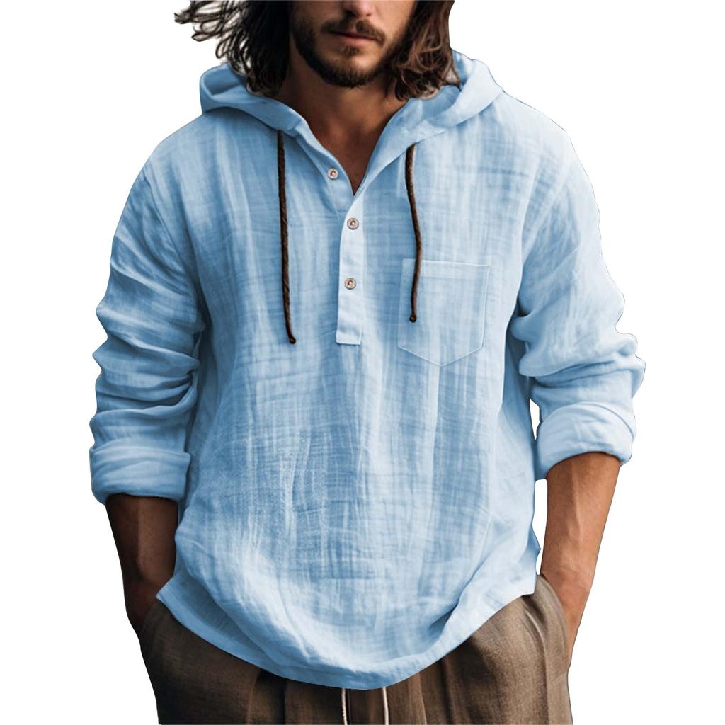 Мужская летняя однотонная хлопковая льняная куртка с длинным рукавом и капюшоном на пуговицах