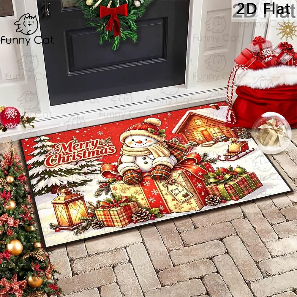 1pc Christmas Snowman Rug Suitable for Xmas, Retro Farmhouse Floor with Backing, Machine Washable Entryway, Plaid Gift Box & Snowflake, Winter Seasona