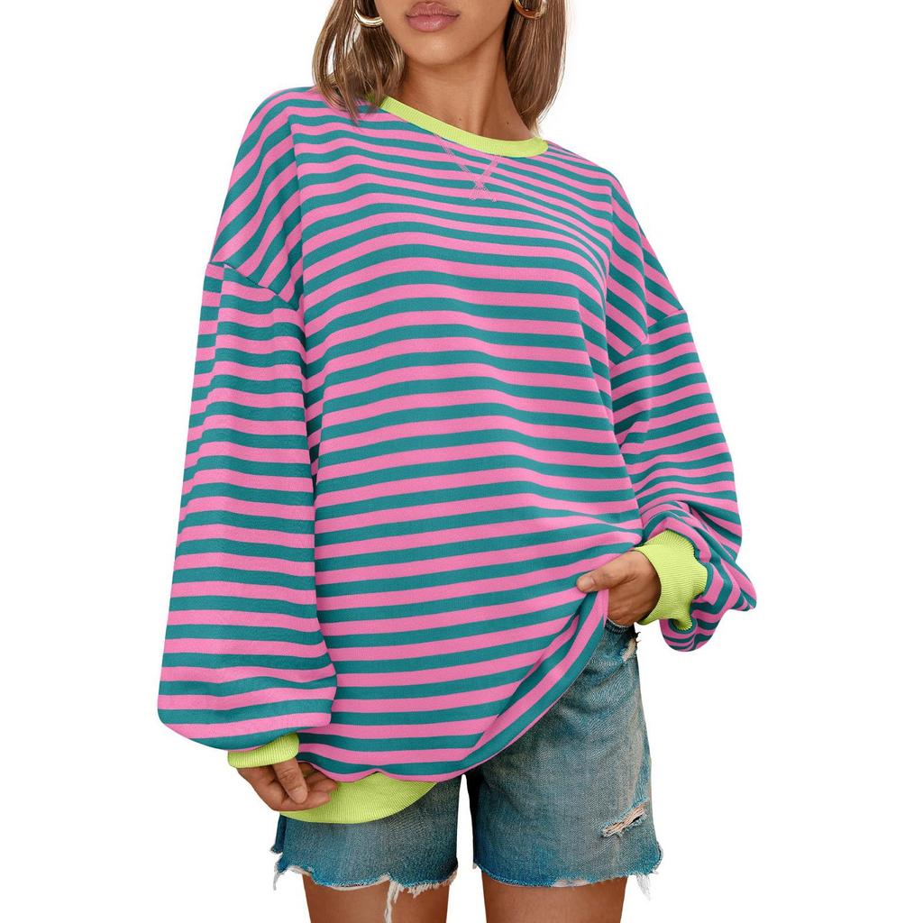 Женская спортивная рубашка в полоску большого размера с длинными рукавами и круглым вырезом, повседневная свободная рубашка-пуловер, топ