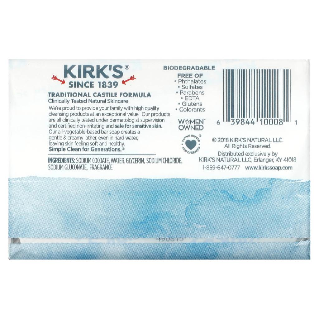 Kirk's, 100% высококачественное мягкое кастильское мыло с кокосовым маслом, оригинальные свежие ароматы, 3,4 унции (113 г) каждый