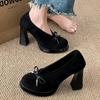 Brown Retro Bow Thick Heel High Heels Women's 2025 New Autumn and Winter Skirt French Mary Jane Single Shoes