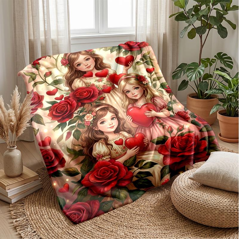 Girl on Crescent Moon with Roses Theme blanket Lightweight Warm Flannel Blanket Decorative Throw Blanket for Home Decoration