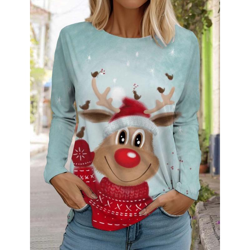 Футболка женская с длинными рукавами Christmas Moose Повседневная праздничная мода Осенние праздничные подарки Топы Одежда Harajuku Женская одежда