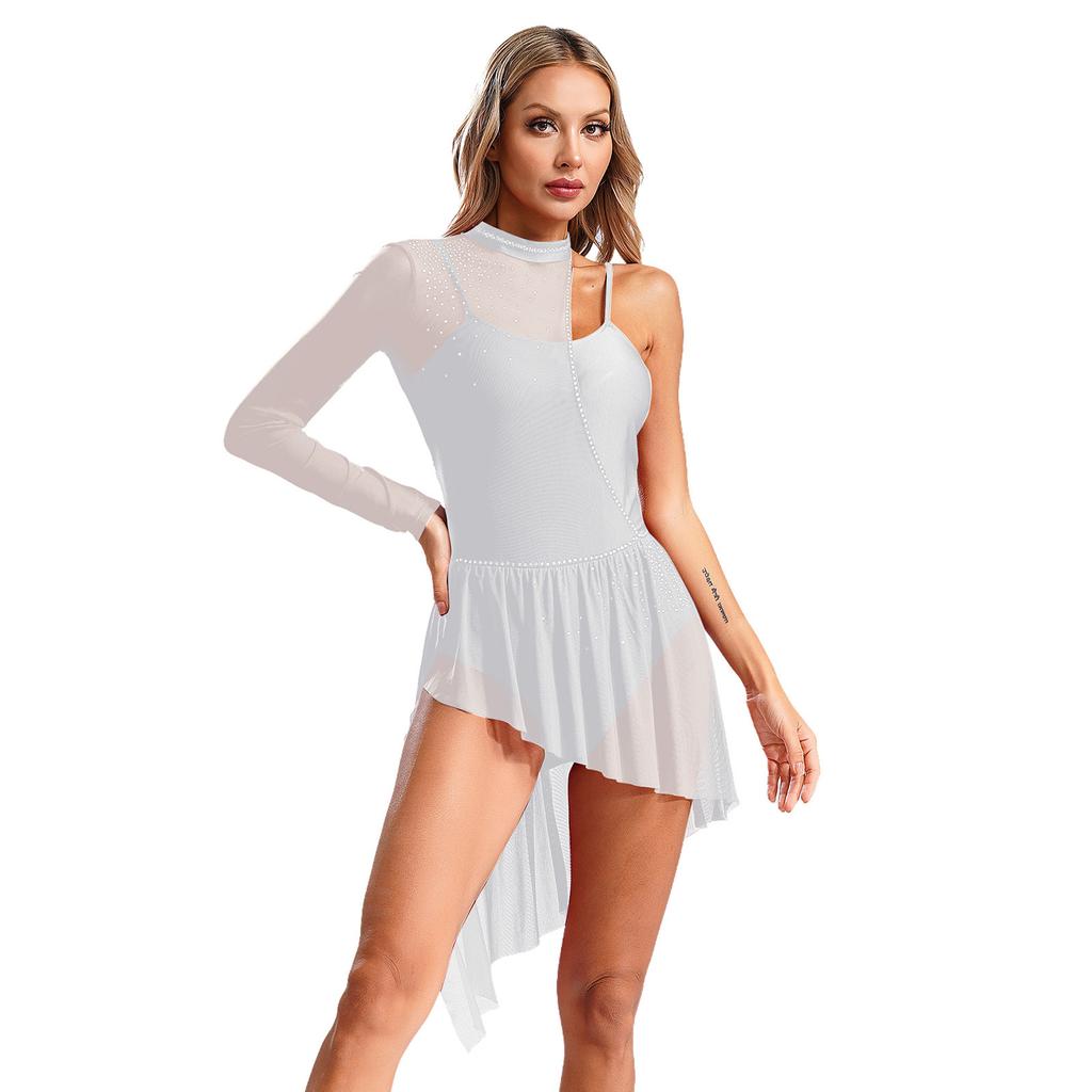 Womens Asymmetrical Lyrical Dancewear Long Sleeve Spaghetti Straps Patchwork Irregular Hem Dresses