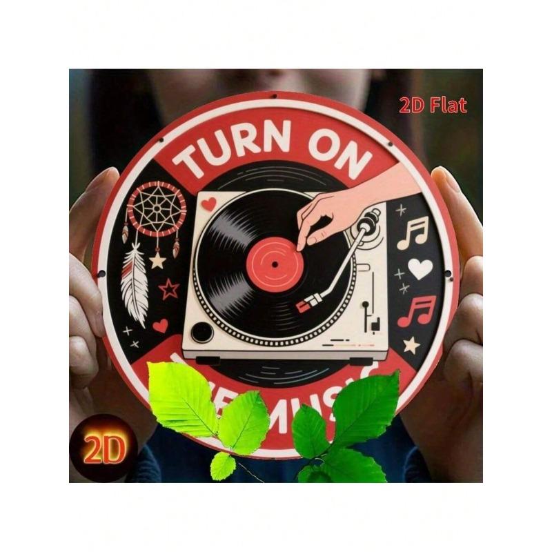 Винтажная Ретро Жестяная Металлическая Табличка Включи Музыку DJ Проигрыватель Настенный Декор Круглая 7.8 Дюйма Арт для Дома Гаража Кафе