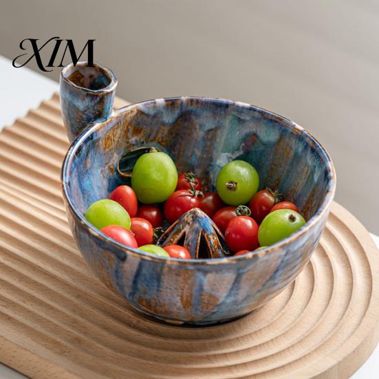 Vegetable Drain Basket Ceramic Berry Washing Bowl with Drainage Holes, Multifunctional Fruit Strawberry Colander Basin, Swirl Design Rinsing