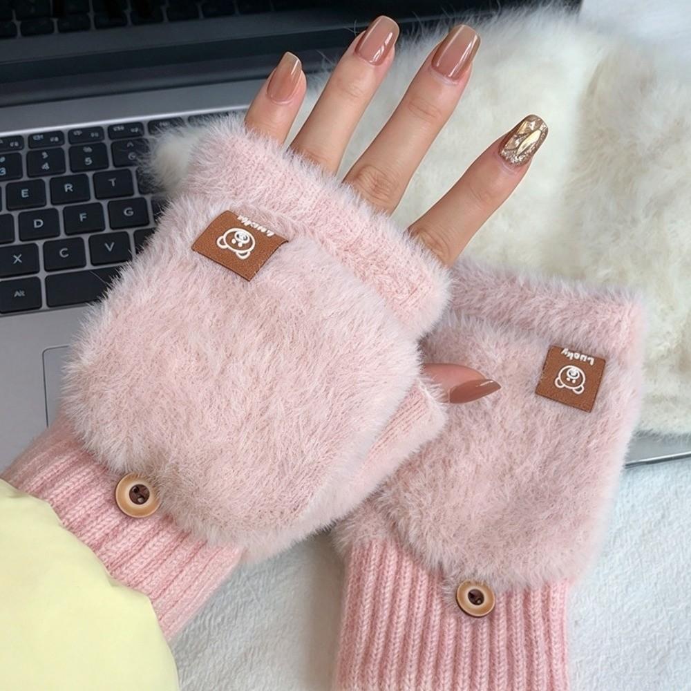 Flip Cover Gloves Fuzzy Convertible Mittens Thermal Half Finger Gloves Daily