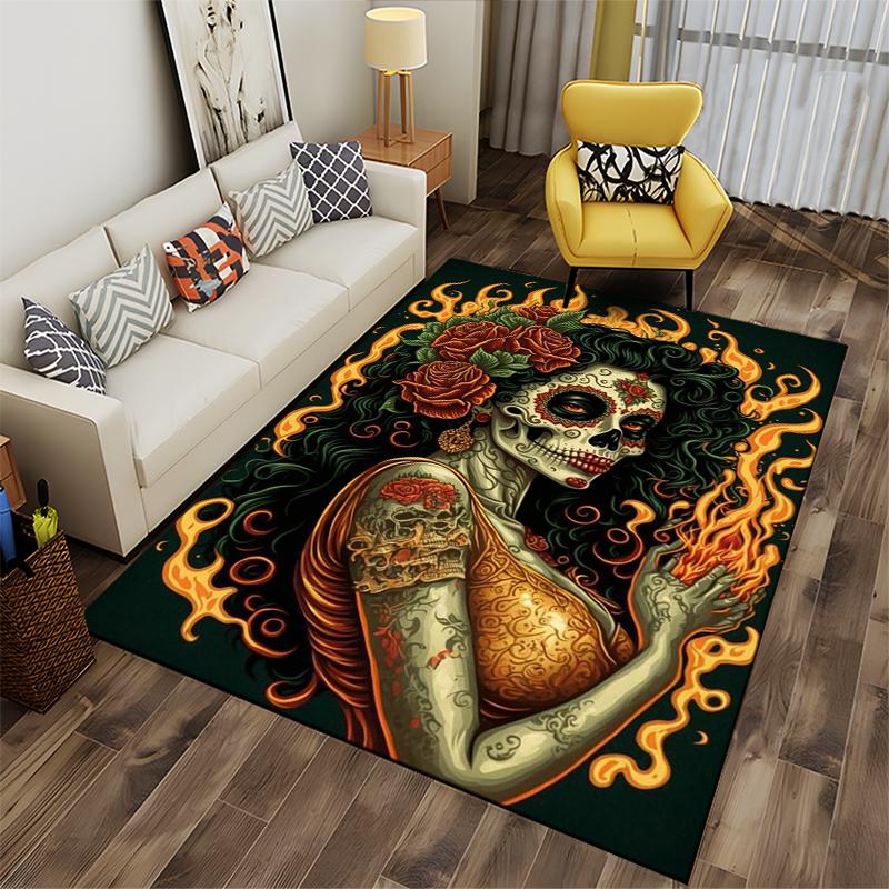 Gothic Flame Skull Lady Art Rug Non-slip rug suitable for living room and bedroom sofas.