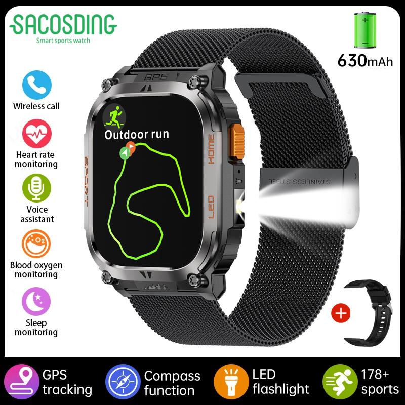 SACOSDING GPS Outdoors Smart Watch IP68 Waterproof GNSS Compass Military Sport LED Flashlight Smartwatch Men 2025 New For Android IOS