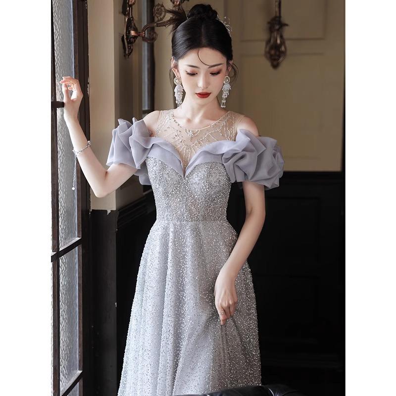 One-word shoulder evening dress women's 1011 new high-end fairy host long dress slim bar mitzvah banquet dress