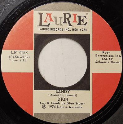 7-дюймовая пластинка DION - Sandy LR3153 Laurie Records 1974 США Рок Б/У