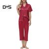 2 шт./комплект пижамы Ice Silk, рубашка с длинным рукавом и застежкой на пуговицы, эластичный пояс, широкие укороченные брюки, домашняя одежда, повседневный наряд, весенняя одежда для сна