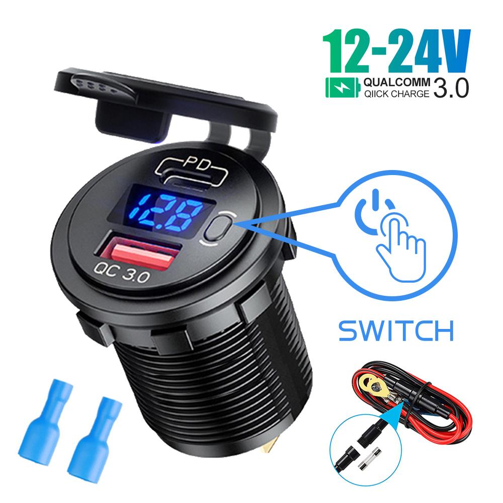 60 Вт PD Тип C/QC 3.0 USB зарядное устройство с выключателем розетка адаптер питания водонепроницаемый для 12 В 24 В автомобиля грузовика лодки автофургона мотоцикла