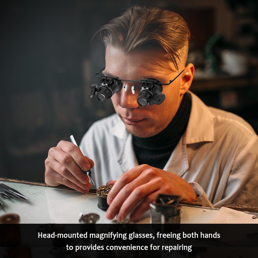 20X Magnifying Glasses Head Loupe LED Light Head-mounted Magnifier Hands- Repairing for Clock Watch Electronic Instrument