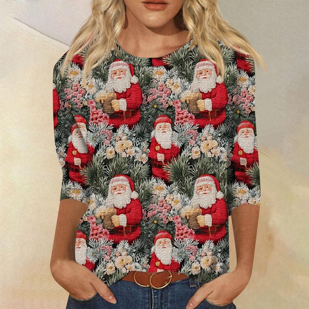 Women's Fashion Casual Round Neck 3/4 Sleeve Loose  Printed T-Shirt Ladies Top