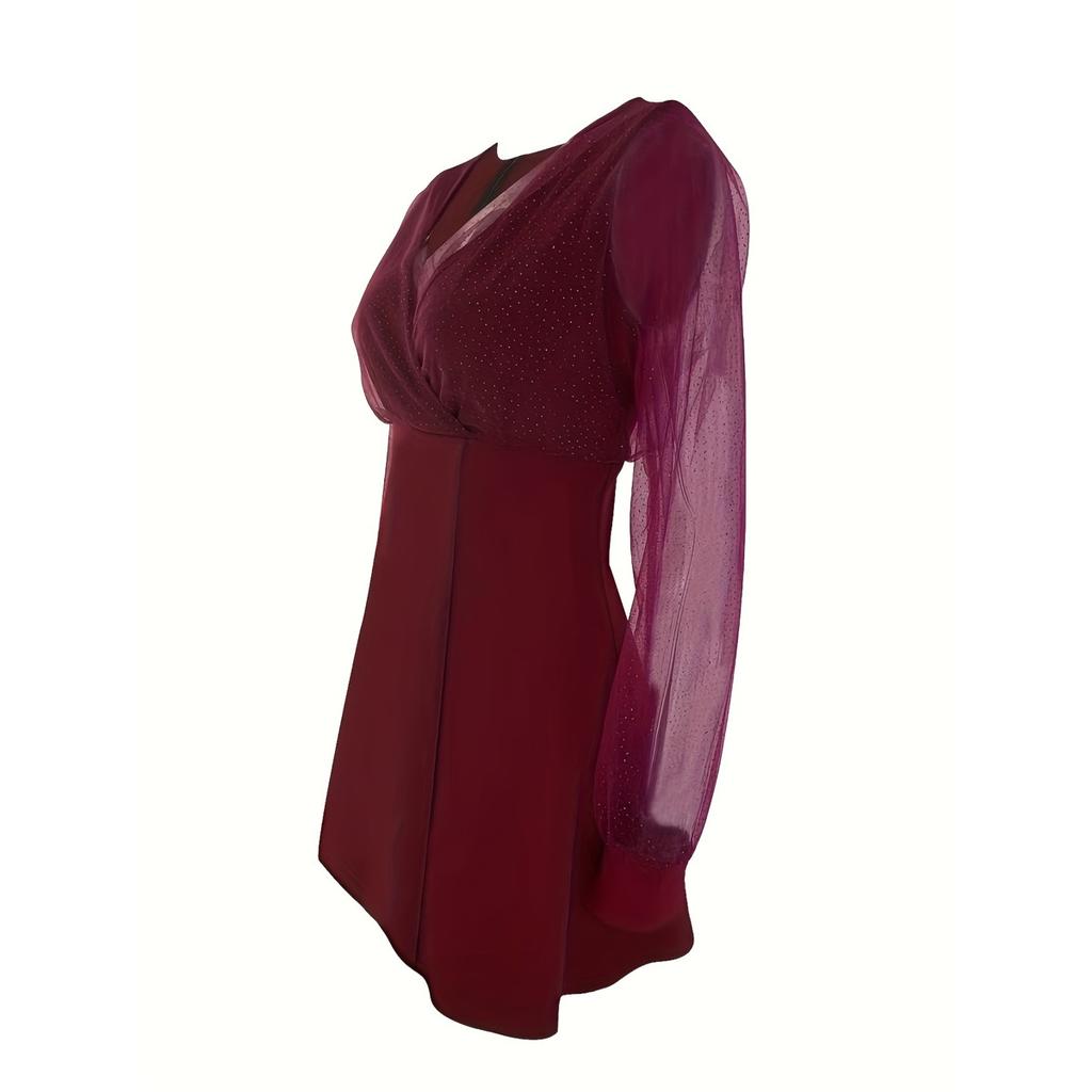 Женское однотонное сетчатое элегантное короткое платье с длинными рукавами и V-образным вырезом