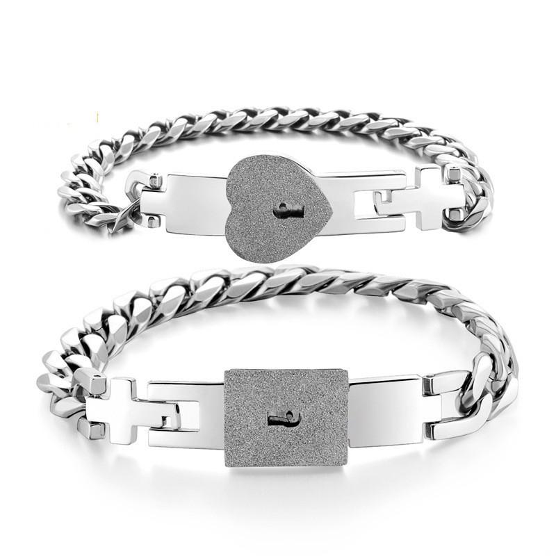 Stainless Steel Couple Bracelet Set With Heart Lock Design Titanium Adjustable Bangle Romantic Gift