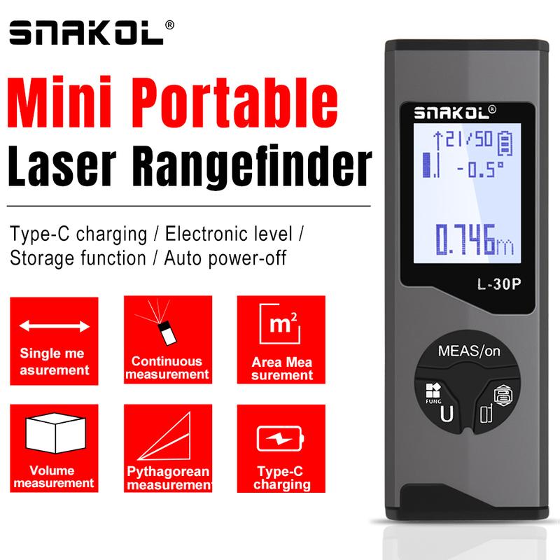 Snakol 30M/50M Mini Smart Laser Distance Meter Measure Rangefinder USB Rechargeable Portable Handheld Laser Range Finder Tools
